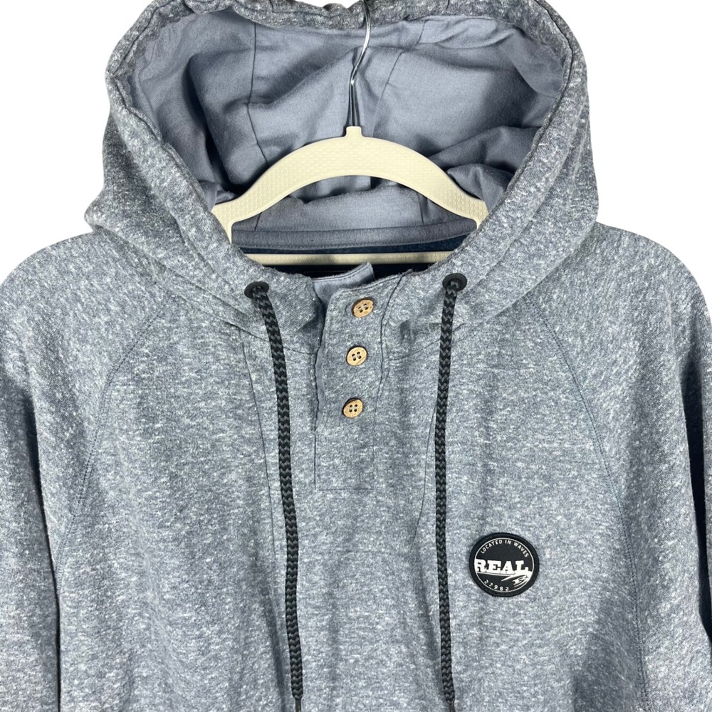 Real B Hoodie Mens Large Blue Marled Henley Button Neck Raglan Sleeve Surf Skate